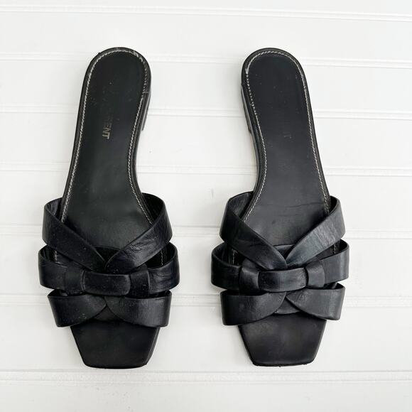 Saint Laurent Tribute Sandal Flat Mules Black Slides Smooth Leather - Picture 7 of 9